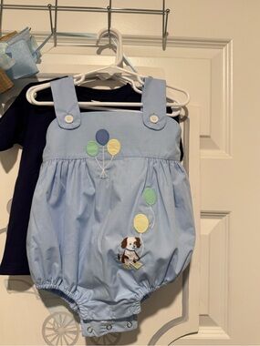 Light Blue Baby Bubble Romper with Balloon and Puppy Appliqué